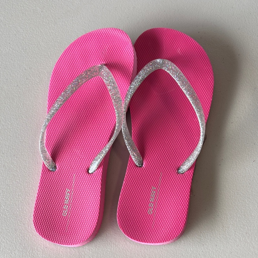 Old Navy Hot Pink Flip Flops with Silver Glitter Straps